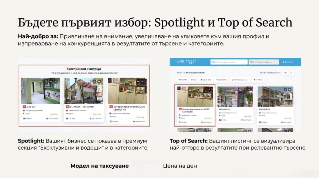 Spotlight реклама на бизнес обяви в PetsBG.net – ексклузивни и водещи Top of Search реклама в резултатите от търсене в бизнес каталога PetsBG.net