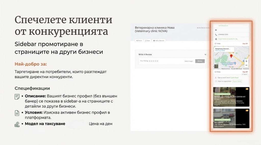 Sidebar реклама в детайлна страница на бизнес обява в PetsBG.net